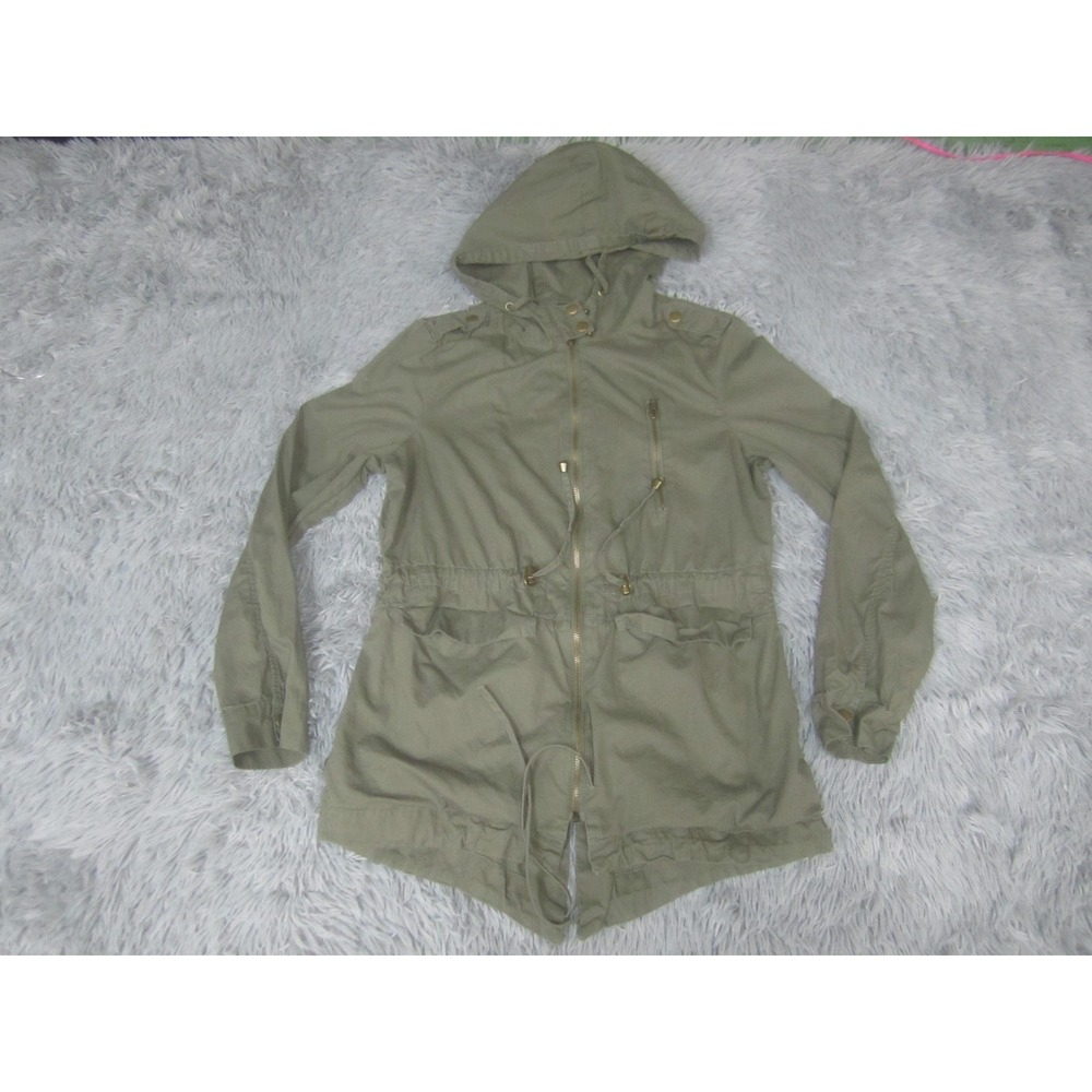 Fashion Nova Jacket Womens Medium Green Cotton Twill‎ Hooded Anorak Zip Pockets